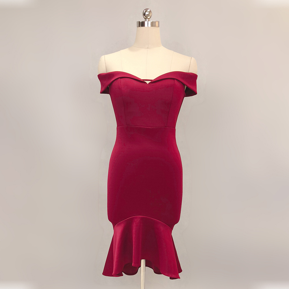 New Fishtail Wedding Dress Spring Mid length One shoulder Red Sexy Evening Gift Red - Shop at LoveMi