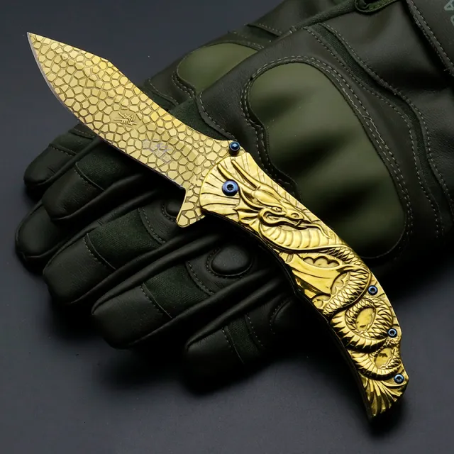 Dragon Embossed Portable Outdoor Fruit Knife Gold - Shop at LoveMi