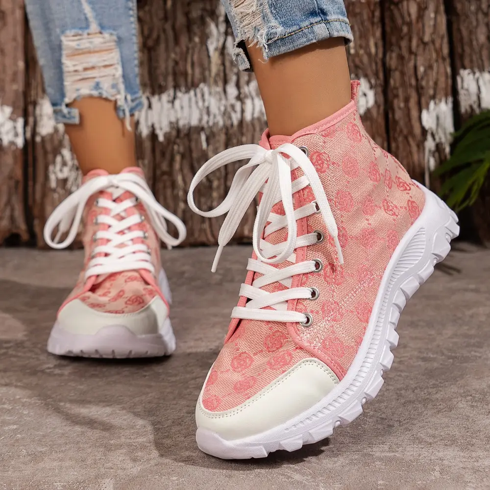 Rose-printed Lace-up Boots Fashion Breathable Canvas Shoes Sports Casual