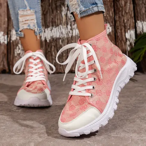 Rose-printed Lace-up Boots Fashion Breathable Canvas Shoes Sports Casual