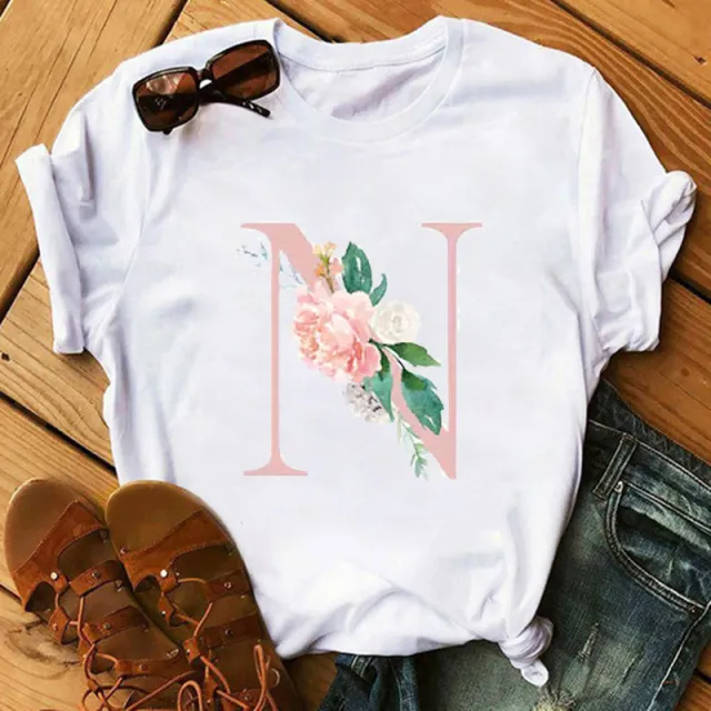 Letter Flower Women INS26 Letter Flower Print Casual T shirt N - Shop at LoveMi