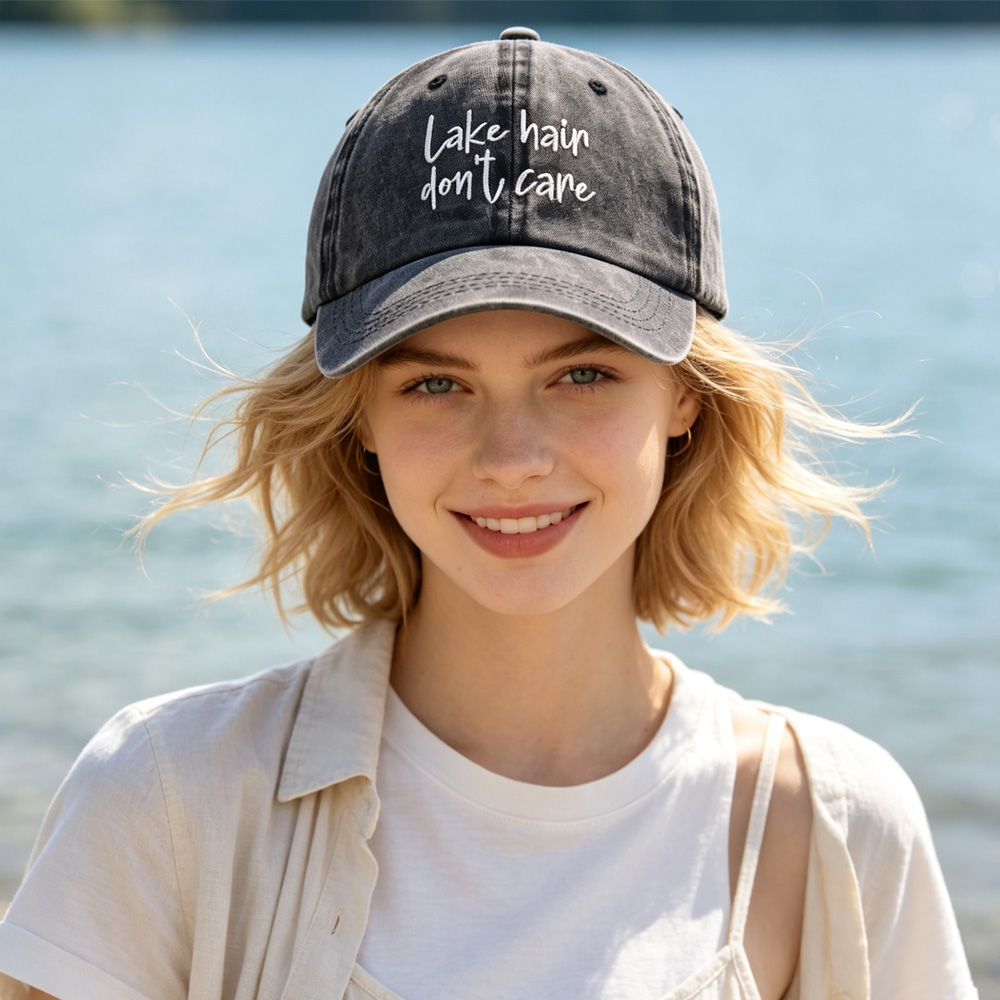 2pcs Lake Hair Washed Black Baseball Cap , Lake Hair Don't Care Embroidery Vintage Distressed Hat Summer Casual Lake Trip Hat — foto 8