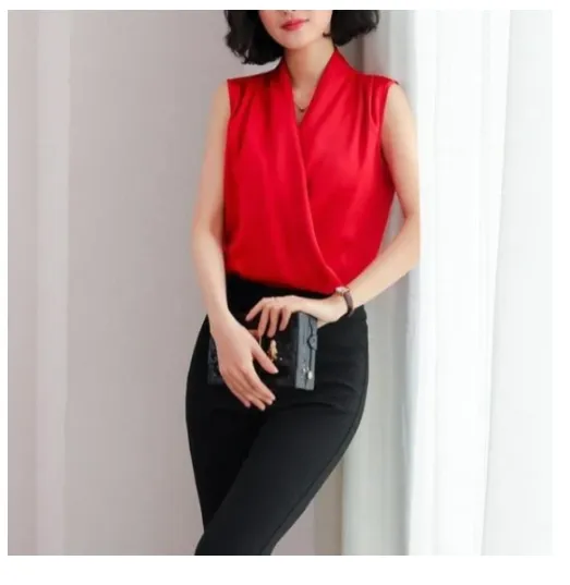 Real Shot Summer New Style Korean V neck Satin Sleeveless Chiffon Vest Blouse Blouse Summer Dress Red - Shop at LoveMi