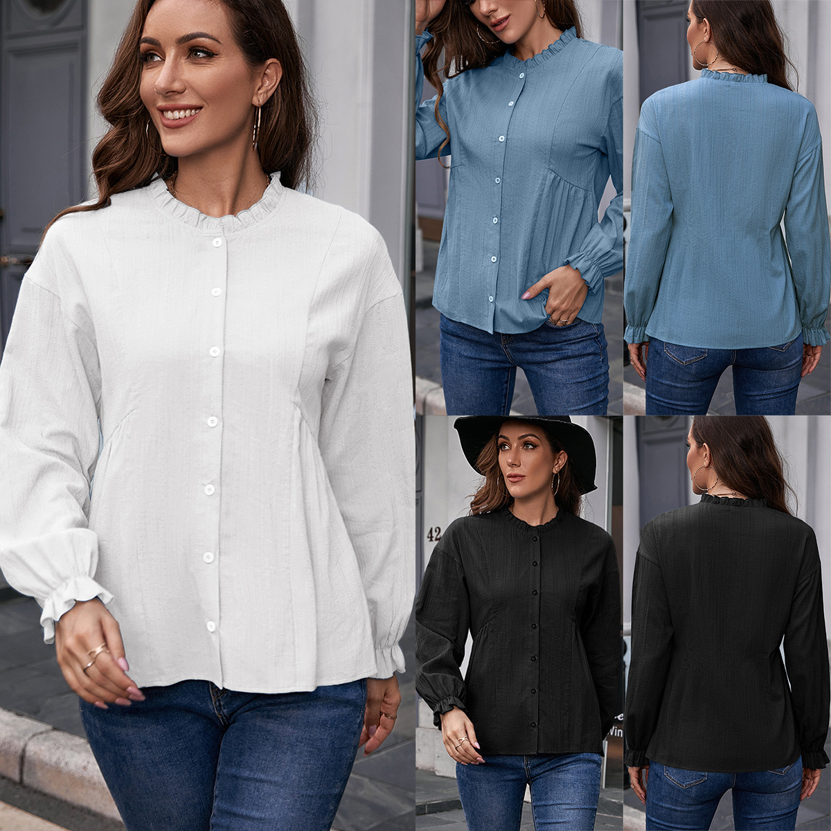 Ruffled Long Sleeve Fungus Stand Collar Single Breasted Shirt