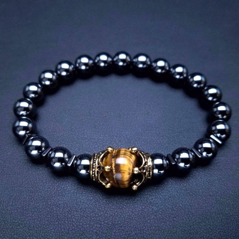 8mm Men Hematite Natural Crystal Bracelet Healing tiger Eye Beaded Crown - Picture 4 of 7