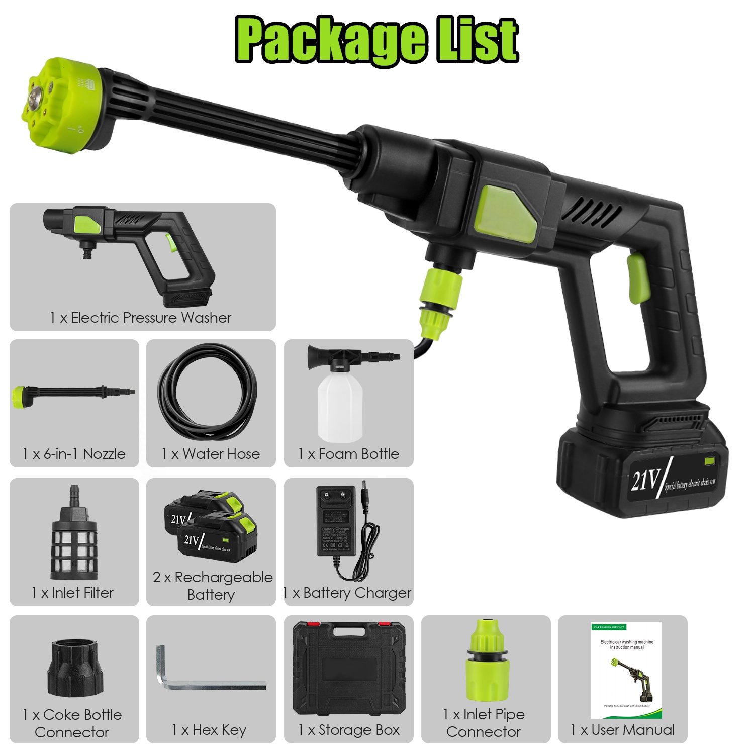 1Set Cordless Pressure Washer For Garden Portable Electric Power Washer High Pressure Water Sprayer 435PSI Car Washer Cleaner With 6 In 1 Nozzle Foam Bottle Filter 15000mAh 21V Battery And Charger — foto 5
