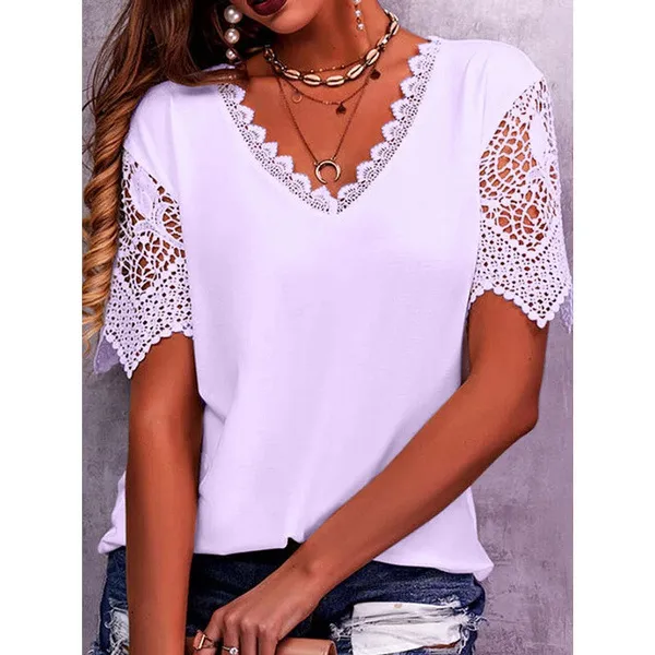 Lace Tops Women Summer Loose V Neck Short Sleeve Casual Shirts Purple - Shop at LoveMi