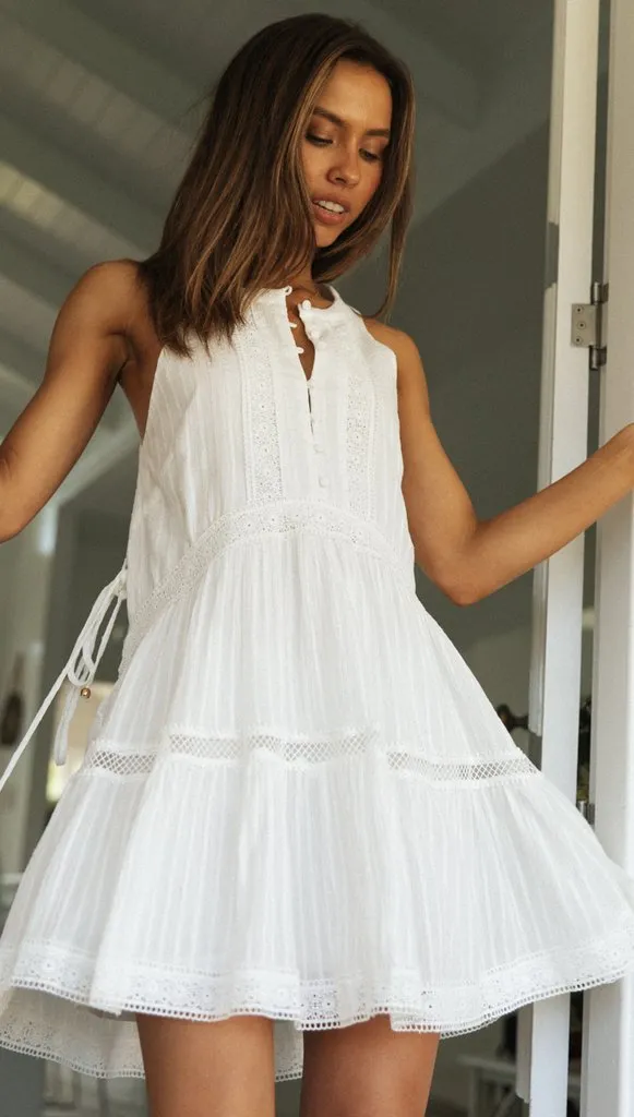Lace-paneled Stand-collar Button-up Dress - White