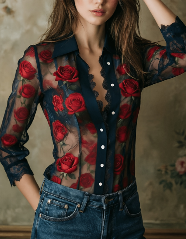 Lace Rose Embroidery V-neck Women's Long-sleeved Shirt