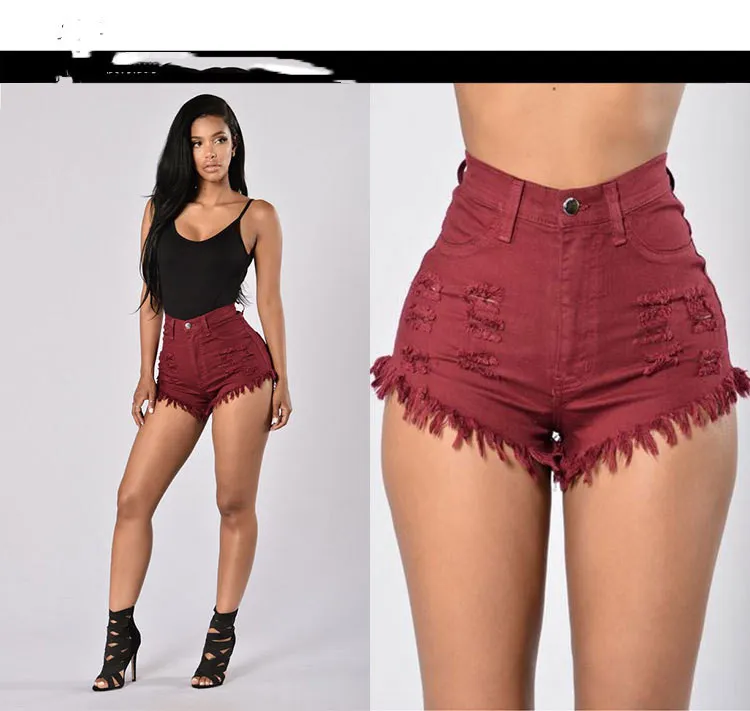 Stretch Sexy Frayed Denim Shorts Women's Hot Pants - Wine Red