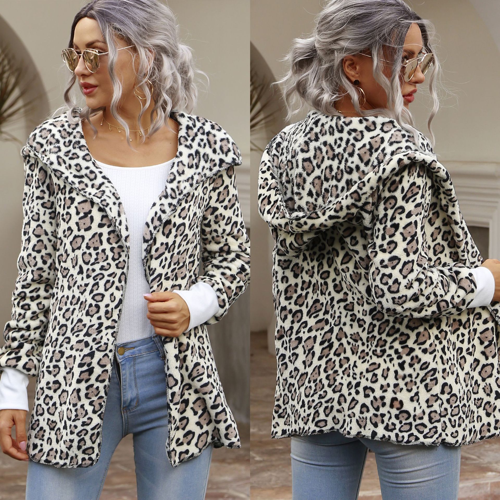Warm Winter Wild Leopard Print Hooded Cardigan Jacket