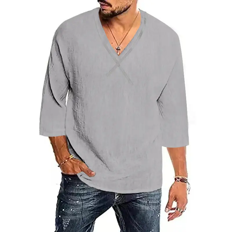 Men's Short Sleeved Cotton Linen Casual Solid V-neck