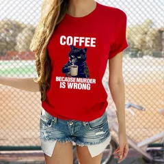 Cat Cute Print T-shirt Round Neck Short Sleeve Top - Red - View 1