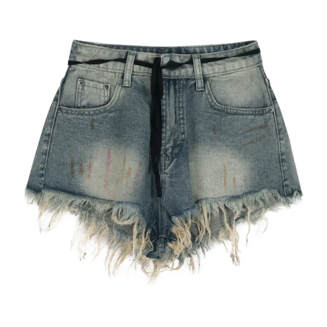 Women's Summer High Waist Vintage Raw Edge Denim Shorts Nostalgic Blue - Shop at LoveMi