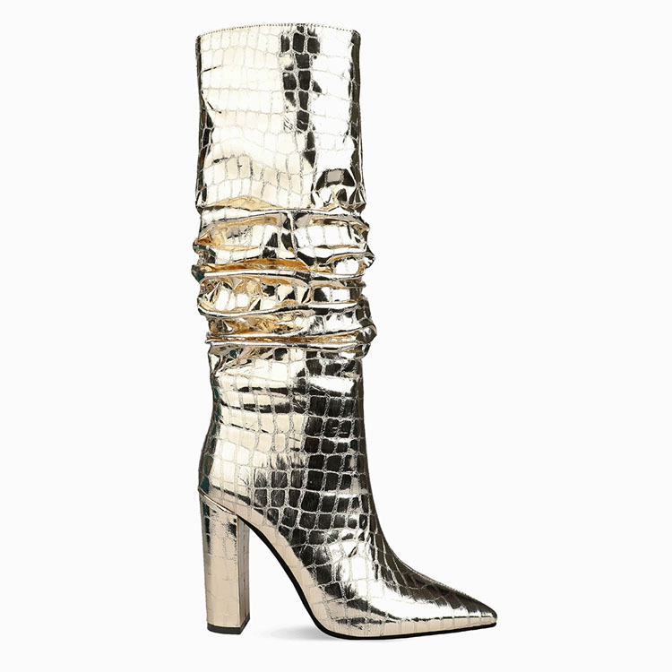 Metal Stone Pattern Thick High-heeled Stovepipe Plus Size Women's Mid-boot Boots