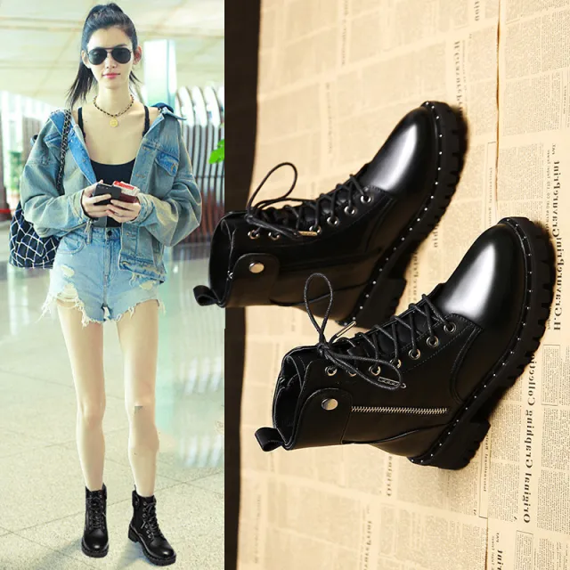 Martin Boots Women's New Autumn And Winter Plus Velvet Thick Bottom All match Thick Heel Black - Shop at LoveMi
