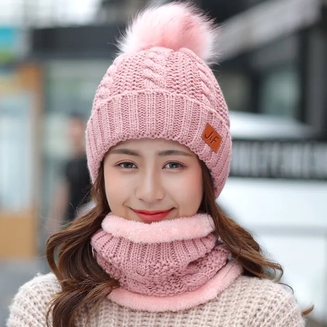 Cute Winter Ladies Bib Hat Suit Knitted Pink Suit - Shop at LoveMi