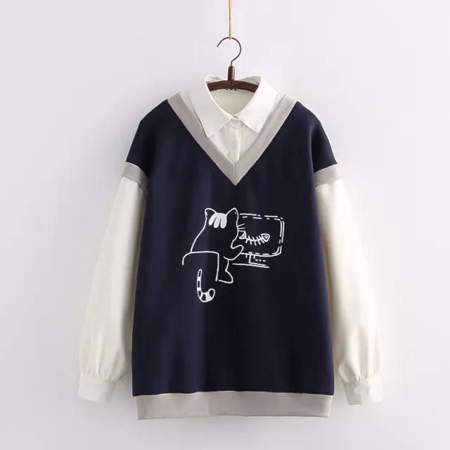 Printed Long sleeved Shirt Collar And Cashmere Sweater Navy - Shop at LoveMi