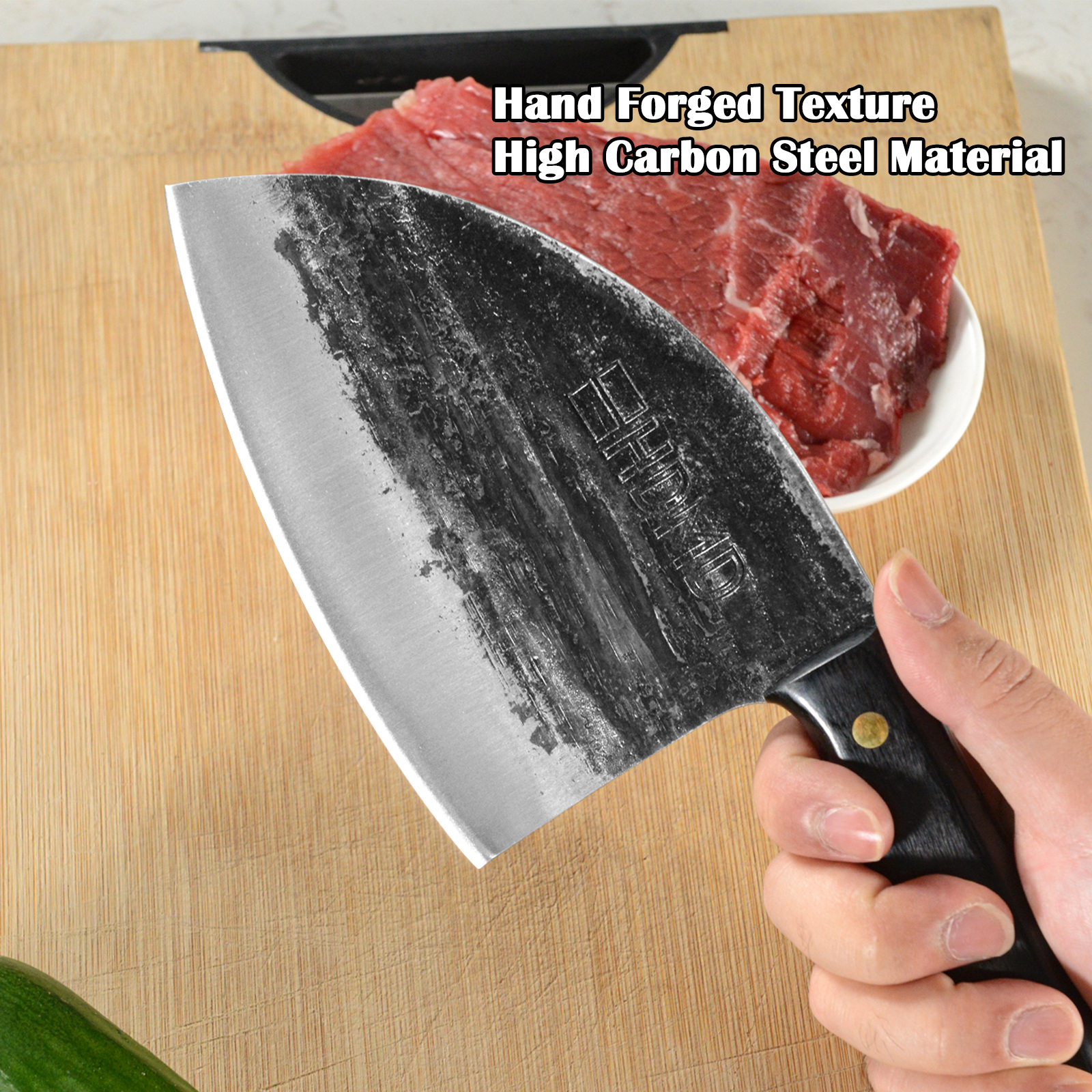 HDMD Meat Cleaver Knife - High Carbon Steel. High Quality Meat Cleaver This kitchen cleaver knife is real hand forged and made of high carbon steel, it's blade uses a V-shaped and fine processing blade, high hardness and wear resistant. Hand polished edge