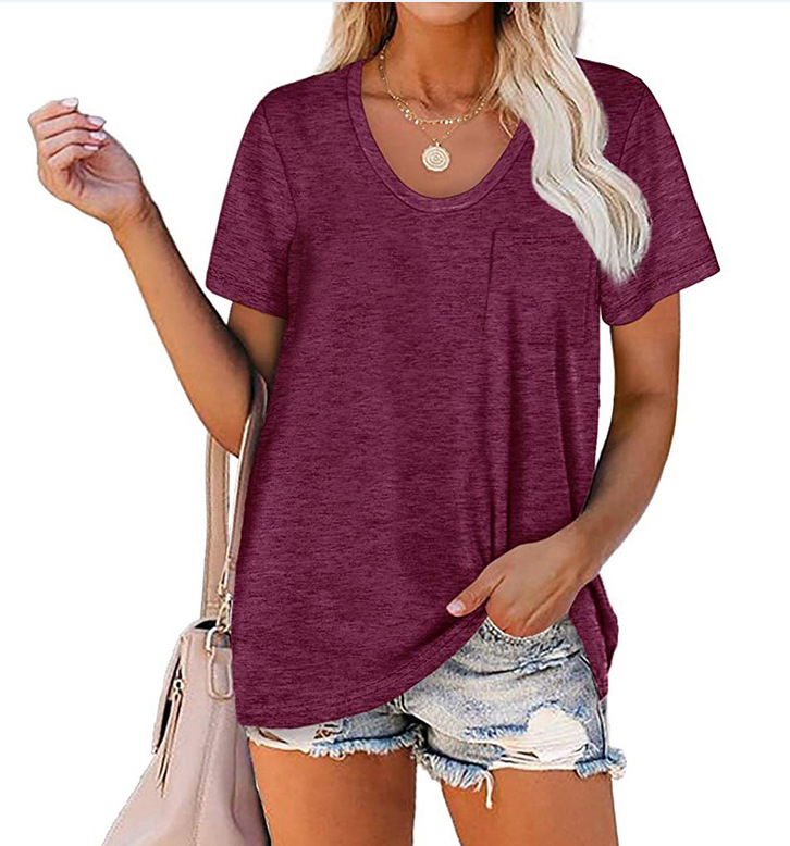 Title 4, Solid Color Pocket Round Neck Short-sleeved T-s...