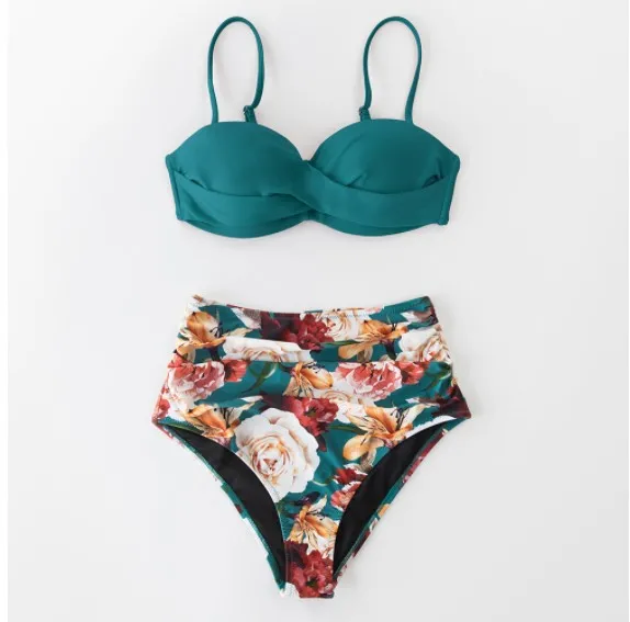 Ladies Heart Collar High Waist Two Piece Swimsuit - A-2Xl