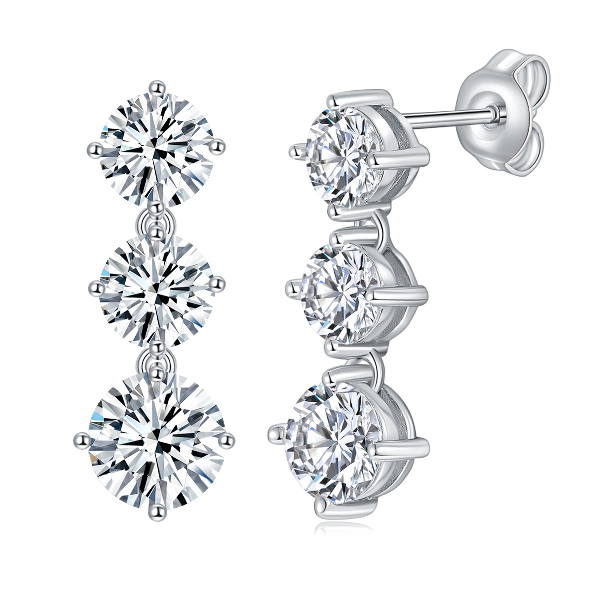 S925 Sterling Silver Moissanite Dangle Earrings 3-Stone Round Cut Vertical Drop Earrings With GRA Certificate Platinum Plated Fine Jewelry Gift Box Set For Women