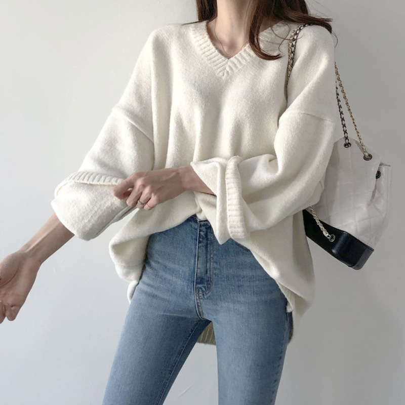 Women's V-neck Solid Color Loose Knit Sweater Jacket