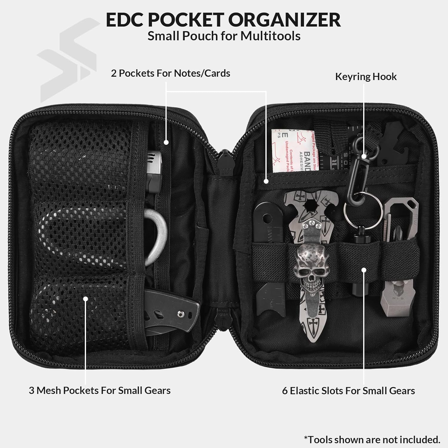 Molle EDC Tool Pouch for Men, Nylon Organizer. EDC Pocket Organizer Small tool pouch bag is made of 500D nylon, and the the front and rear molle systems are made of tear-resistant and waterproof materia Hypalon panel. The YKK zipper allows the pocket pouc