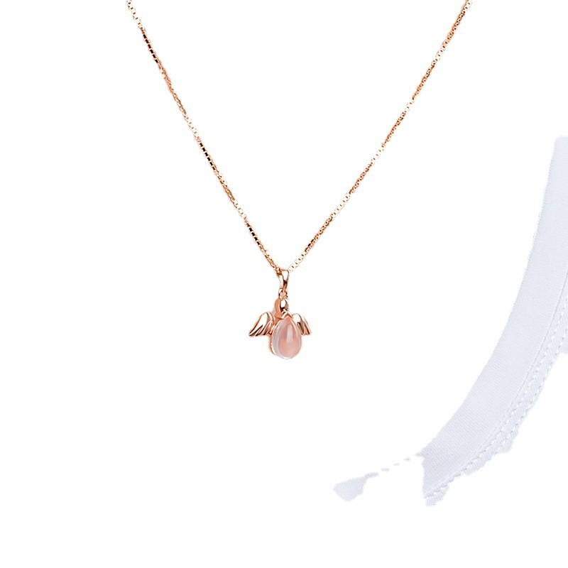 Stall Goods Korean Necklace Rose Gold Plated Synthetic Ross Quartz Pink Crystal Angel Women's Pendant Clavicle Chain Jewelry