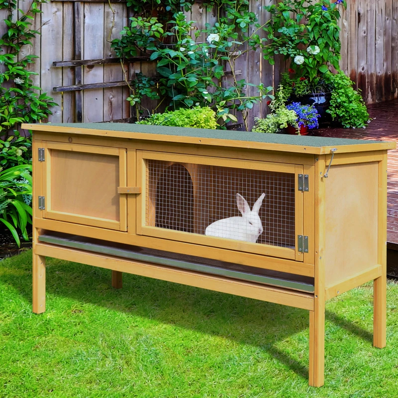 PawHut Wooden Rabbit Hutch Bunny Cage With Openable Waterproof Roof, No Leak Tray Solid Fir Wood Build For Rabbits, Chickens, Ducks