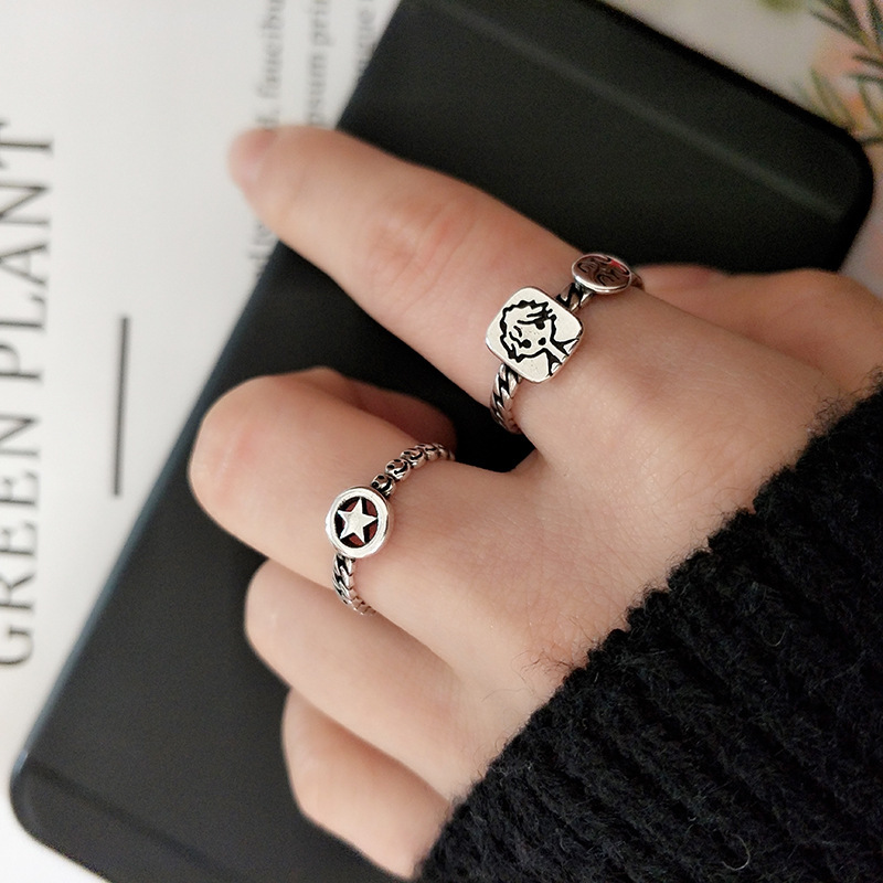 Little Boy Square Panel Ring Vintage Thai Silver Round Simple Five-pointed Star Ring