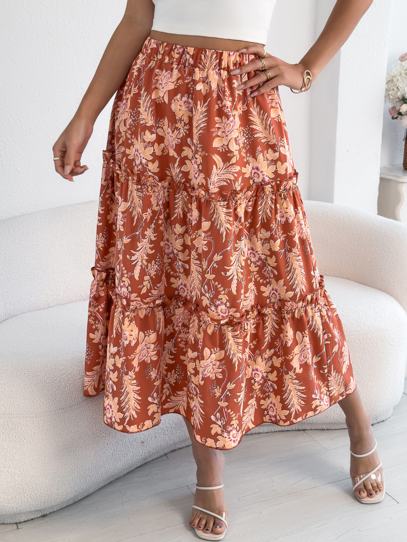 Women's Casual Floral Print Ruffle Trim Midi Beach Skirt