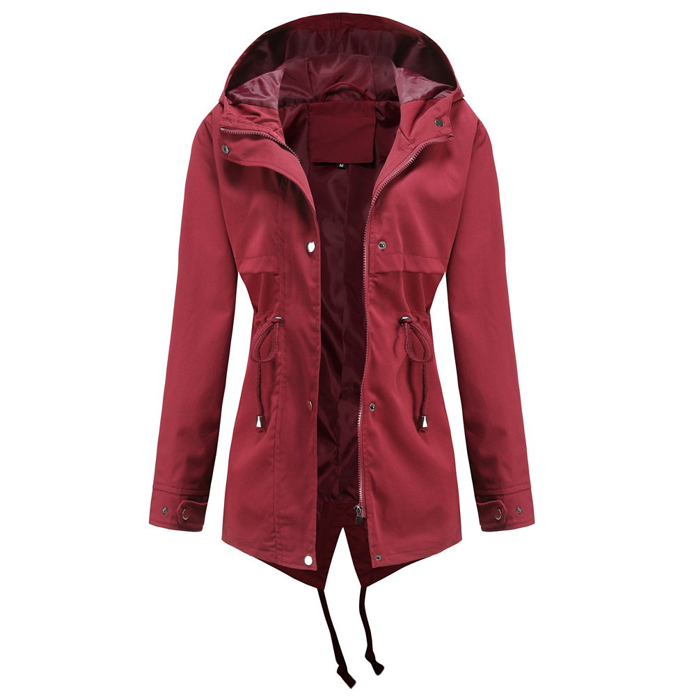 Windbreaker Mid length Hooded Jacket With Waist Waist Outdoor Raincoat Wine Red - Shop at LoveMi