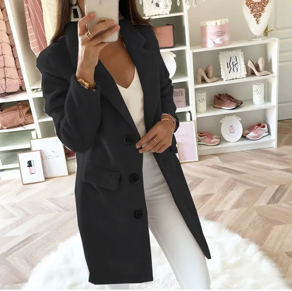 Solid Color Suit Collar Mid Length Double Breasted Woolen Coat Black - Shop at LoveMi