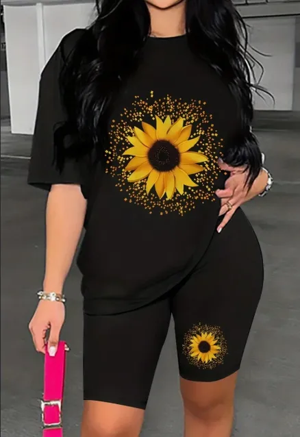 Women's Sunflower Print Short Sleeve T Shirt Set Black - Shop at LoveMi