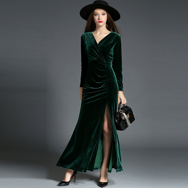 Long Sleeve Pleated Slit Dress Banquet Evening Dress Dark Green - Shop at LoveMi