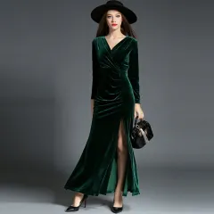 Long Sleeve Pleated Slit Dress Banquet Evening Dress - Dark Green - View 1
