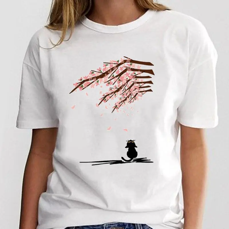 New Simple Cat Animal Cartoon Print Loose Round Neck Ladies White T-Shirt Short Sleeve - 15 Style