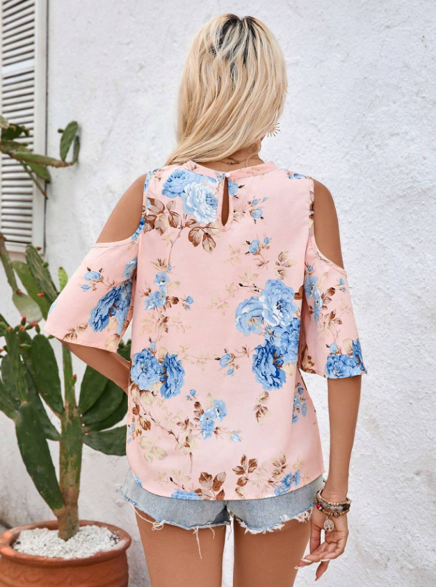 Casual Open Shoulder Short Sleeve Shirt For Women