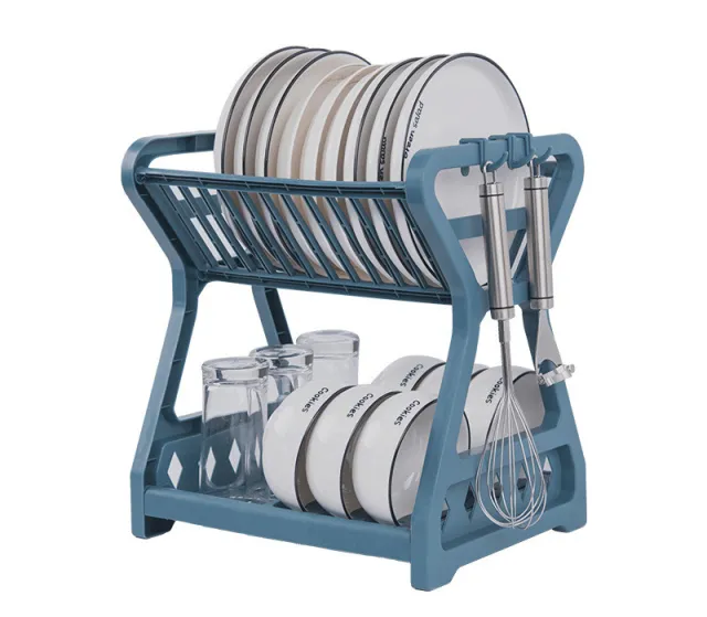Kitchen Household Double layer Dishes And Plastic Draining Multifunctional Floor Rack Blue - Shop at LoveMi