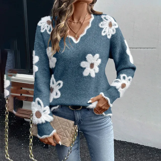 Women's Fall Floral Pattern V Neck Sweater, Long Sleeve Pullover With Scallop Trim Casual Dressy Top Sea Blue - Shop at LoveMi