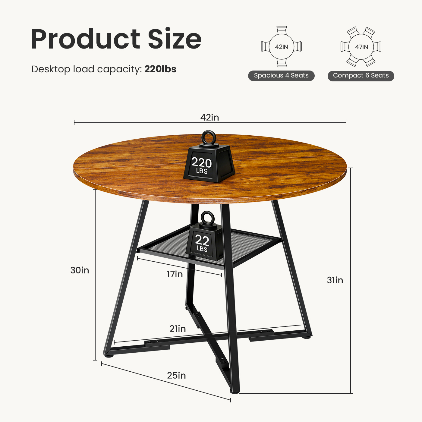 Round Table, Suitable For 4 To 6 People, A Space-saving Kitchen Table With Double-layer Storage Function, Metal Base Frame