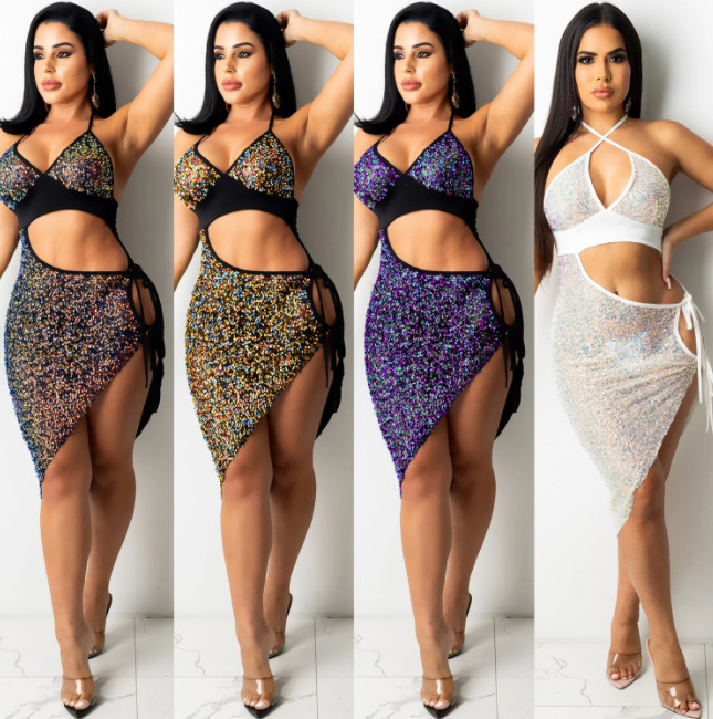 HTH 2212089 Sequin Halter With Cut-out Slit Lace-up Dress