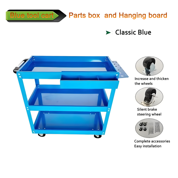 Upgrade 3-Tier Rolling Tool Cart With Lockable Wheels, Heavy Duty Steel Utility Cart, Kitchen Cart Organizer, Workshop Rolling Serving Cart For Garage, Warehouse, Blue thumbnail 4