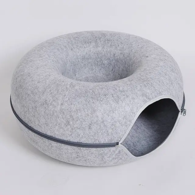 Donut Cat Tunnel Bed Pets House Natural Felt Pet Cat Cave Interactive Toys Round Wool Felt Pet Bed Cat Training Toy Cat House Light Grey - Shop at LoveMi