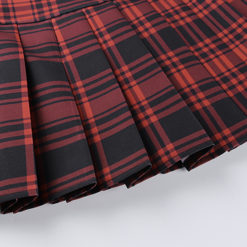 Contrast Check Leather Webbing Pleated Skirt
