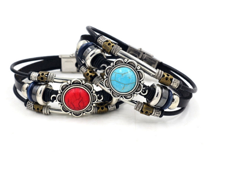 European And American Fashion Red Turquoise Leather Bracelet Retro