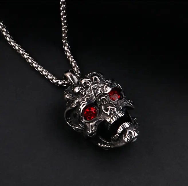 Stainless Steel Skull Red Eye Gem Titanium Steel Pendant