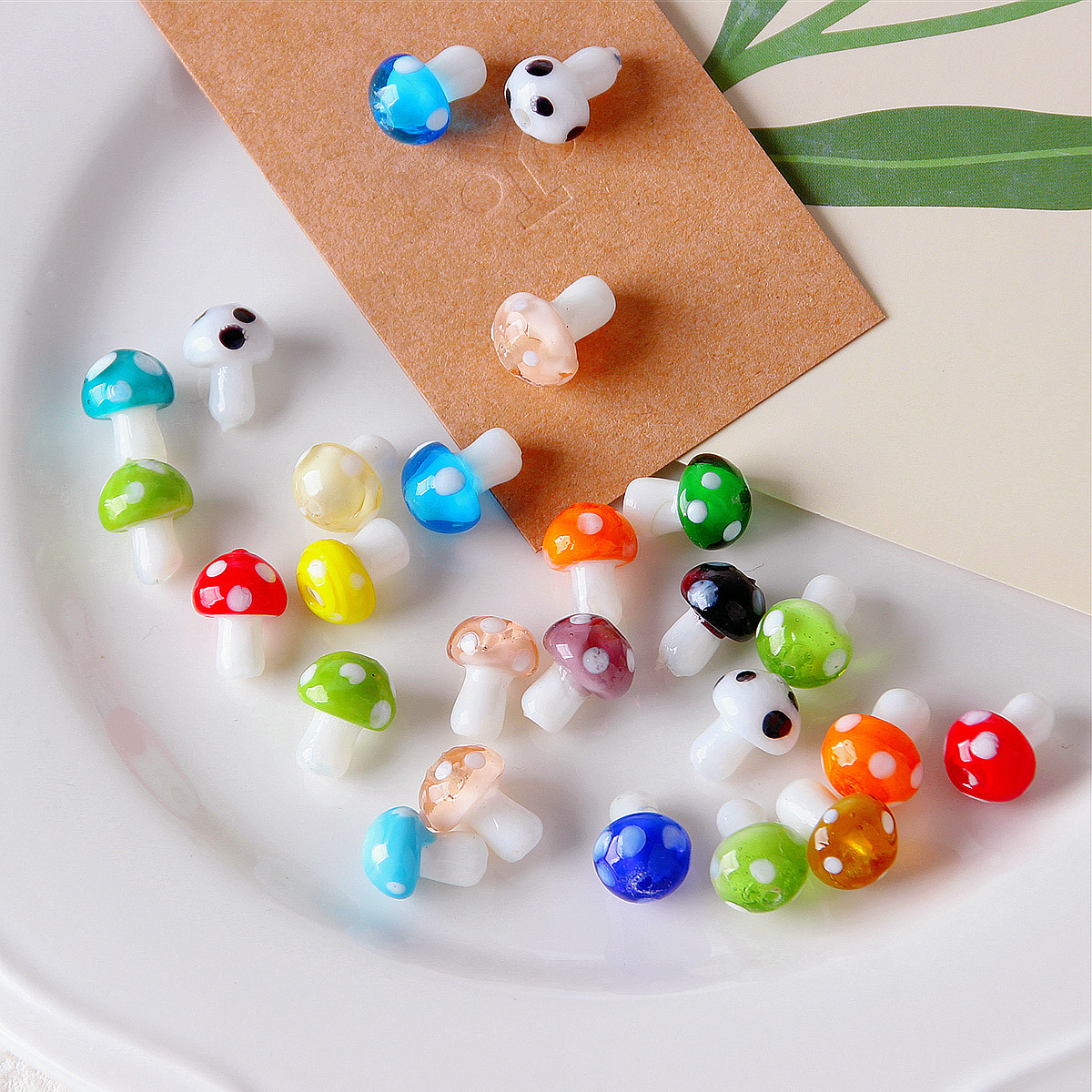 Title 4, Colorful Glazed Small Mushroom Polka Dot Beaded...