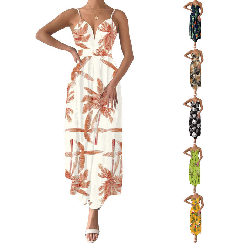 Women's V Neck Floral Spaghetti Strap Summer Casual Swing Dress